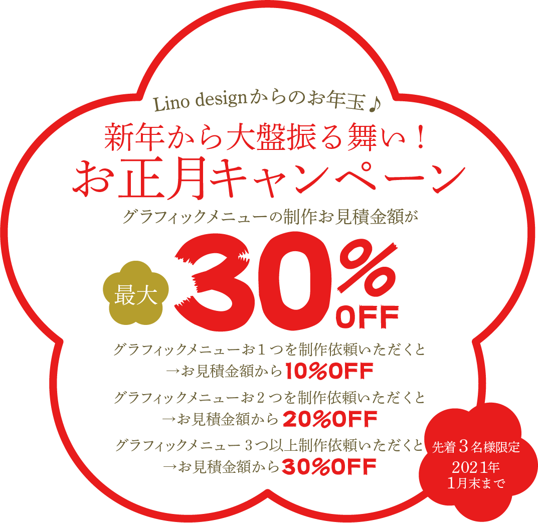 新年から大盤振る舞いのお正月キャンペーン！グラフィックメニューを頼めば頼むほどお得に！最大30%オフ♪